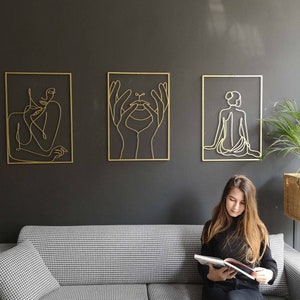 Gold Wall Decor Set, Modern Woman Art, Large Wall Decor, Hands on Face, Woman Back, Minimal Living Room Decor, Unique Wall Decor