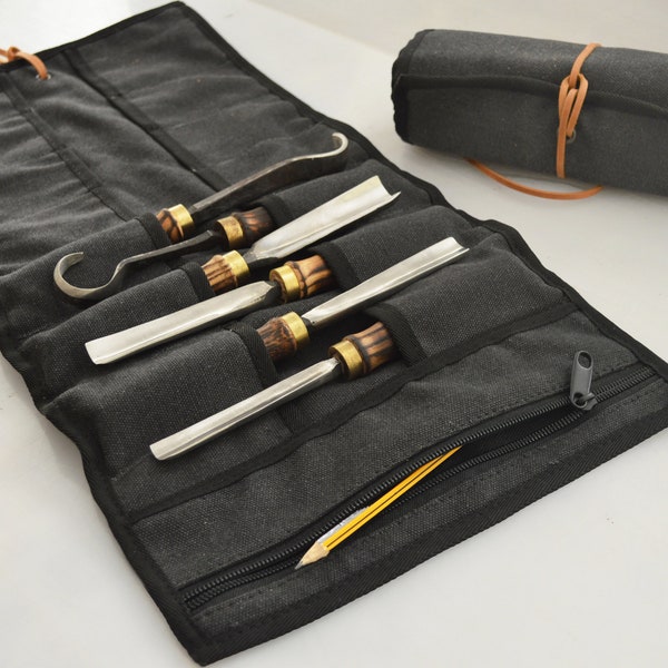 Rouleau à outils pour toile avec pochette à fermeture éclair, rouleau burin pour menuisier, rouleau pour outils de sculpture, porte-outil personnalisé, 14 pochettes, rangement pour outils