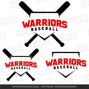 May include: Black and white baseball logo with two crossed bats. The logo features a white home plate with a black outline and the text "WARRIORS BASEBALL" in red letters.