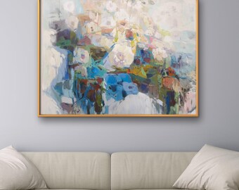 Original Abstract Floral Painting – 36x48 inch Soft Blue and White Flower Art on Canvas, Dreamy Impressionist Wall Decor, Signed by Artist