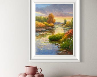 秋の油絵 湖の絵 現代アート 印象派 風景画 木の絵 - Etsy 日本