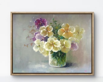 Peinture à l'huile florale originale, vase de fleurs blanches et jaunes, nature morte impressionniste, décoration cadeau 12 x 16