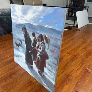 May include: A painting depicting a group of people walking in a snowy landscape. The people are wearing traditional clothing and are carrying various items. The painting is done in a realistic style and features a blue sky with white clouds.