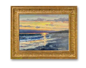Small original landscape oil painting, seaside scenery at dusk, canvas oil painting, living room wall art decoration, special gifts,