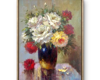 Original Floral Oil Painting, White Flowers Vase, Impressionist Still Life, 12x16 Home Decor Gift