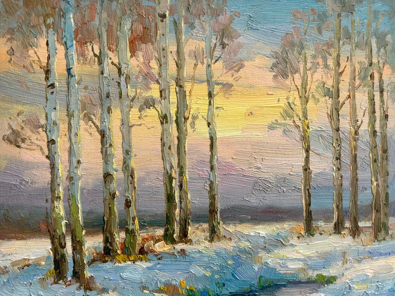 Original Winter Birch Trees Oil Painting, Impressionist Snow Landscape ...
