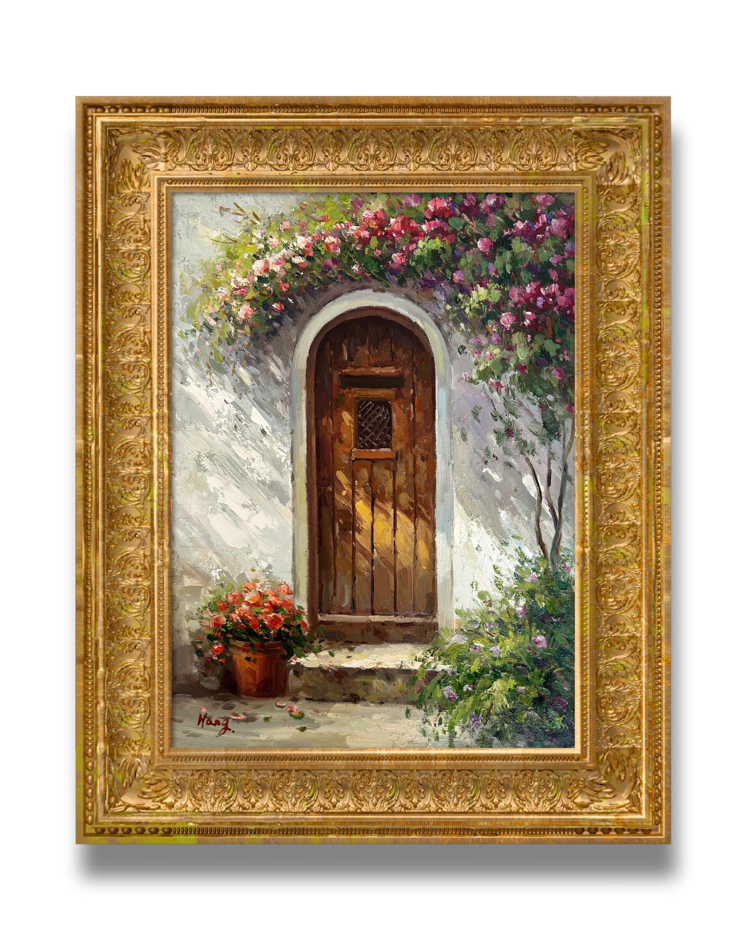 紫のバラの油絵：中庭のドアの庭の壁アート - Etsy 日本