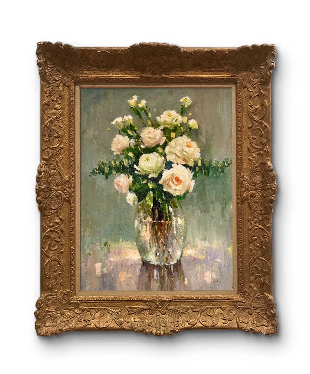 Impressionist White Rose Oil Painting: Floral Still Life, 12x16 Canvas ...