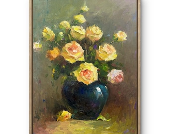 Yellow Roses in Blue Vase, Floral Wall Decor, Romantic Gift, Impressionist Style