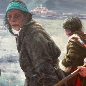 May include: A painting of two people walking in a snowy landscape. The person in the foreground is wearing a brown coat and a teal headband. The person in the background is wearing a brown coat with a white fur collar and a red scarf. They are walking towards a building in the distance.