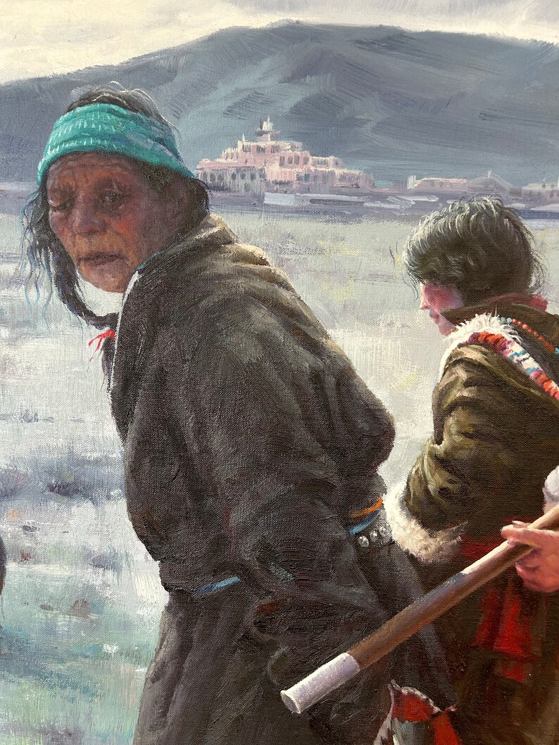 May include: A painting of two people walking in a snowy landscape. The person in the foreground is wearing a brown coat and a teal headband. The person in the background is wearing a brown coat with a white fur collar and a red scarf. They are walking towards a building in the distance.