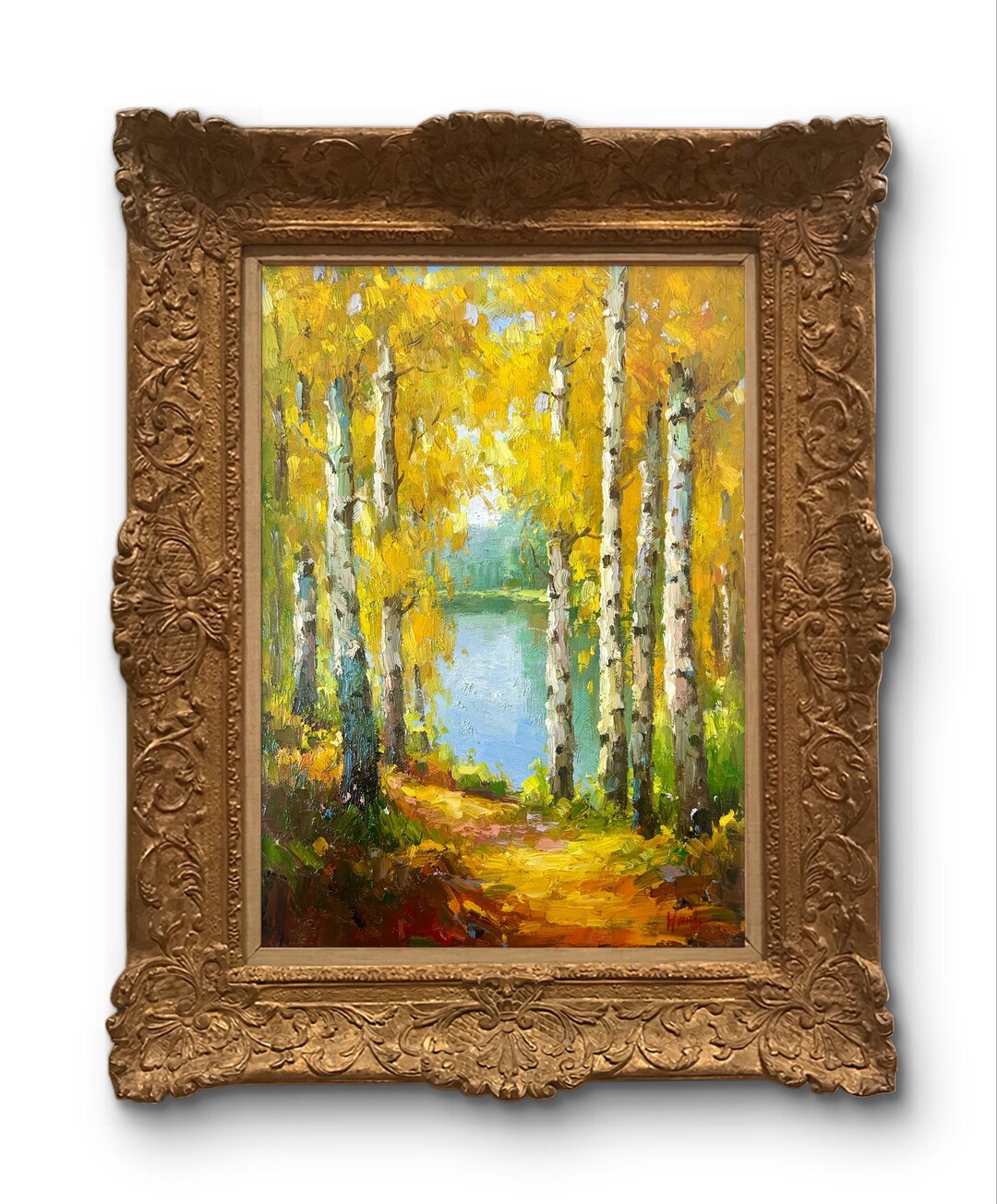 Original Birch Forest Lake Oil Painting: Impressionist Autumn Landscape ...