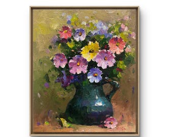 Buntes Blumen-Stillleben-Ölgemälde, impressionistische Blumenvasen-Wand-Dekor