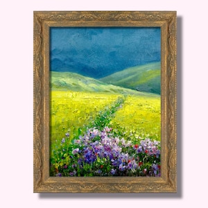 Impressionist Landscape Oil Painting: Textured Floral Meadow, Boho Wall Decor