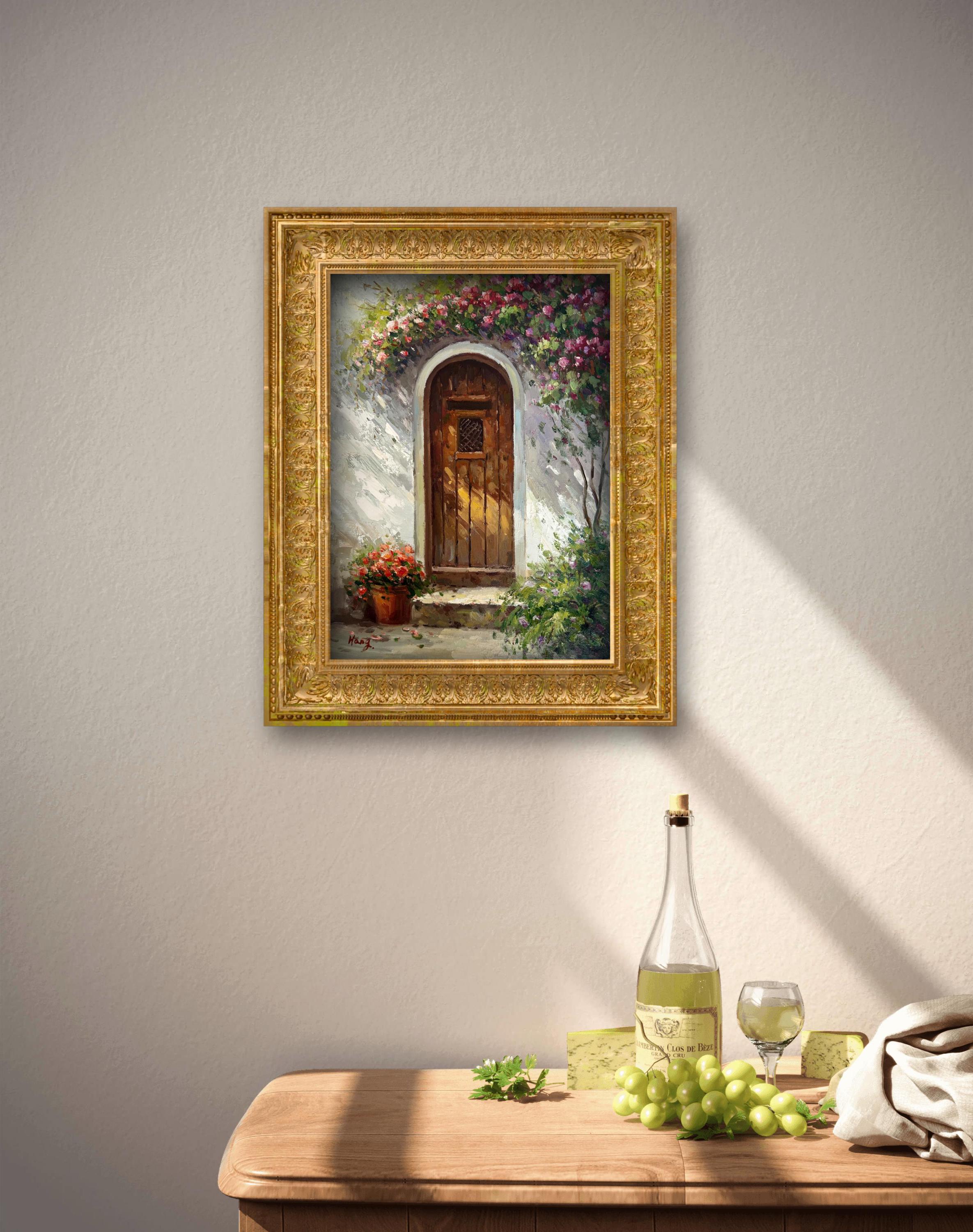 紫のバラの油絵：中庭のドアの庭の壁アート - Etsy 日本