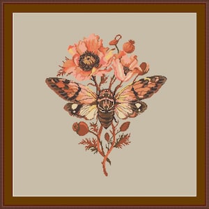Butterfly and flower/floral cross-stitch/embroidered picture/poppy flower/Cross stitch pattern/Wall decor