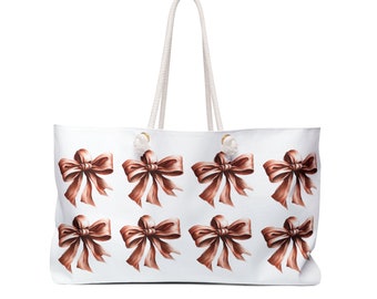 Coquette Bow All Over Print White Polyester Weekender Bag Perfect Beach Travel Trendy Stylish Reusable Shopping Tote Accessory Gift for Her