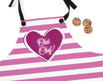 Avental de inspiração francesa clássico rosa branco listrado fofo café oui chef coração paris frança sim chef cozinha cozinha presente moderno
