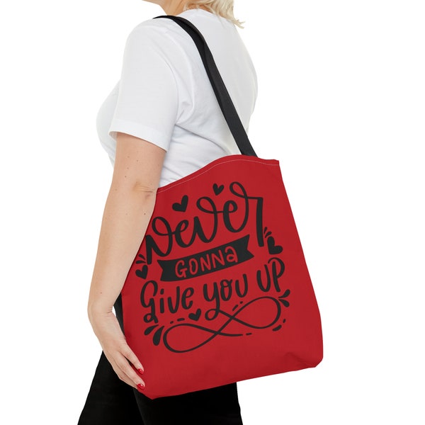 Never Gonna Give You Up Never Gonna Let You Down Rick Roll Lyrics Reusable Dark Red Tote Bag Gift For Her Durable Ecobag Shopper