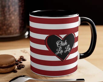 Caneca de café de inspiração francesa clássica vermelha e branca listrada fofa aconchegante ooh la la paris café cerâmica novidade acento 11oz chocolate quente chá cacau