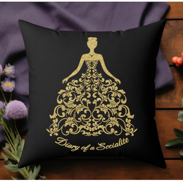 Diary of a Socialite Black with Gold Ball Gown Square Throw Pillow Trendy Regency Novelty Cool Cute Home Dorm Bedroom Decor Gift for Her