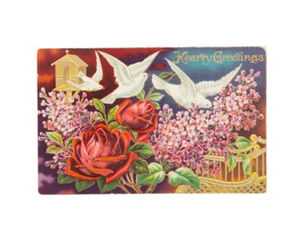 Vintage, Embossed, German, Hearty Greetings Postcard, Doves