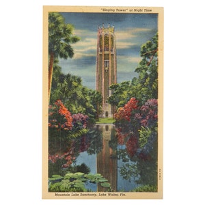 Vintage Florida Postcard, The Singing Tower, Sunset, Mountain Lake Sanctuary, Lake Wales, FL