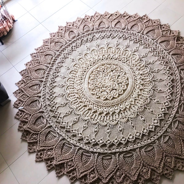 Video crochet instructions for round mandala carpet, DIY instructions for round crocheted 3D carpet, large, do-it-yourself crochet carpet, lotus