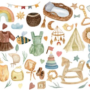 Aquarell Boho Babyparty Clipart, Holzbabyspielzeug