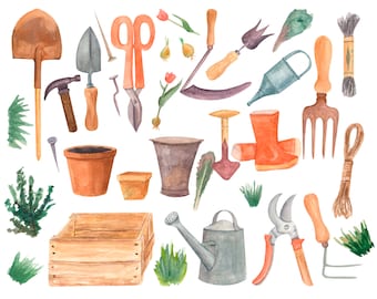 Watercolor Garden Tools Clipart: Spring Garden Set (PNG)
