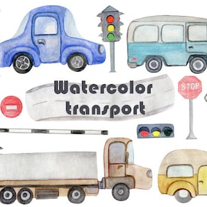 Vintage Car Clipart Collection, Watercolor Transportation Illustrations