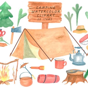 Watercolor Camping Clipart PNG Bundle - Tent Illustrations - Digital Download