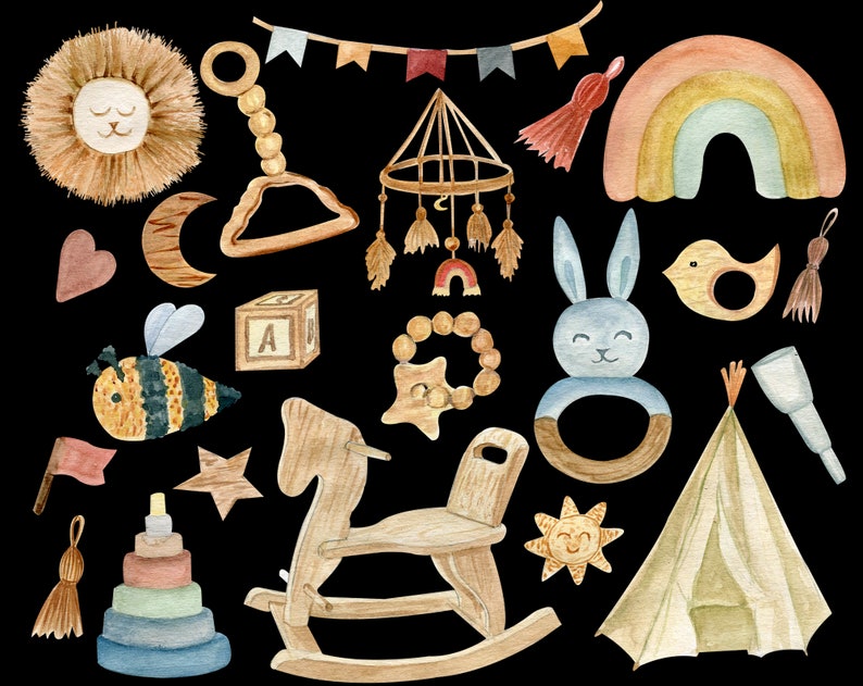 Wood Baby Toys Boho Baby Shower Clipart | Etsy
