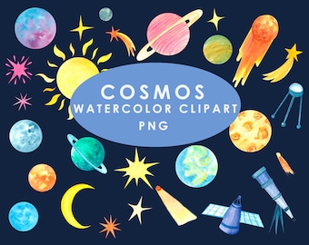 Clipart de acuarela del cosmos: galaxia, planetas y estrellas (PNG)
