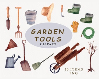 Garden tools watercolor clipart. Digital drawing. Digital paper. png