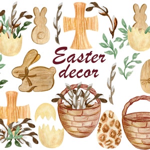 PNG de Pâques, Croix en bois aquarelle, Lapin