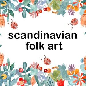 Clipart floreale moderno dell'acquerello, arte popolare scandinava