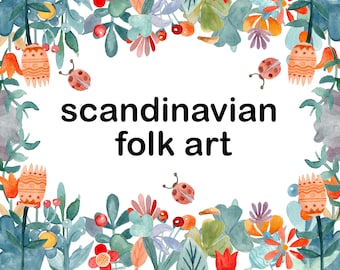 Modern watercolor floral clipart, scandinavian folk art