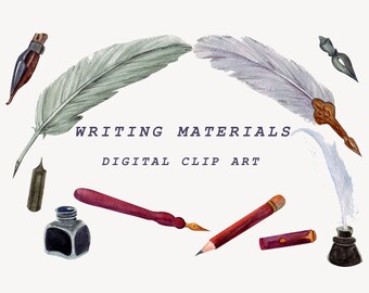 Watercolor Writing Clipart: Feather Pen, Office PNG (Digital Download)
