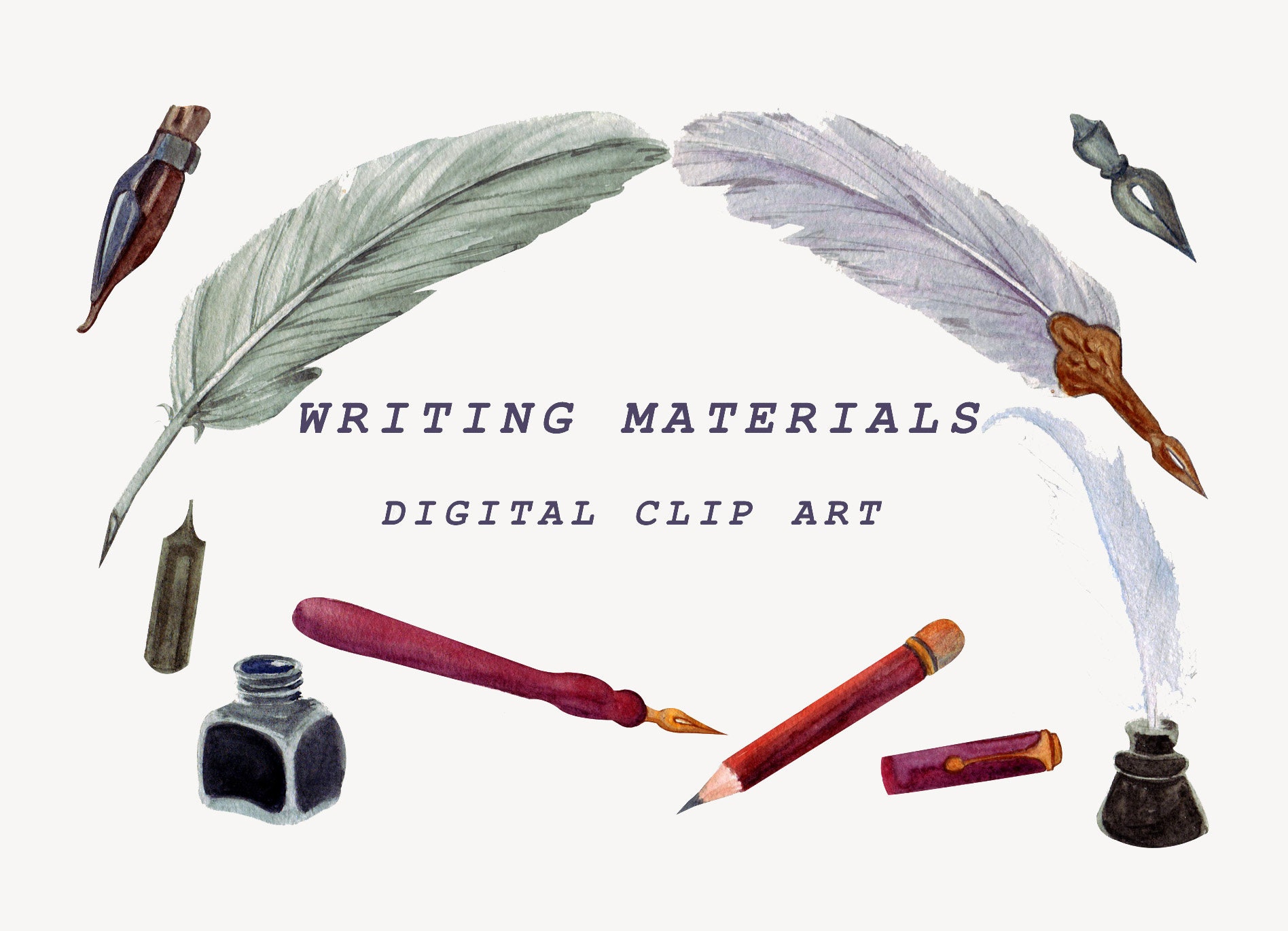 Watercolor Writing Clipart: Feather Pen, Office PNG (digital Download) -  Etsy, image size:1896x1370