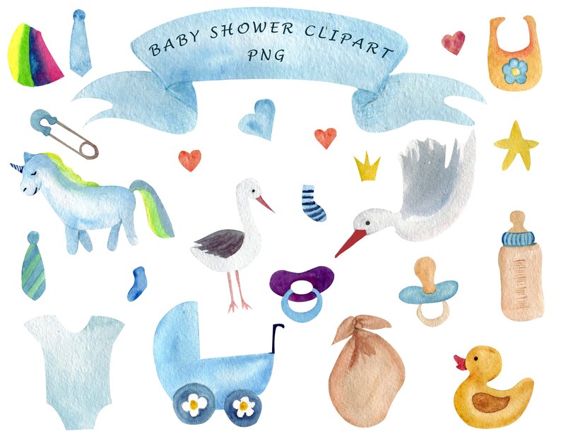 May include: A set of watercolor illustrations for a baby shower. The illustrations include a unicorn, a stork, a baby bottle, a pacifier, a baby carriage, a crown, a star, a heart, a bow tie, a sock, a diaper, a bag, a rubber duck, and a safety pin.