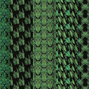 May include: Five different seamless patterns featuring green watercolor tropical leaves on a black background. The patterns are perfect for creating digital or printed designs.