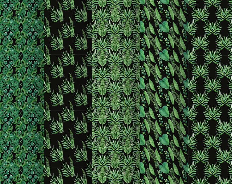 May include: Five different seamless patterns featuring green watercolor tropical leaves on a black background. The patterns are perfect for creating digital or printed designs.