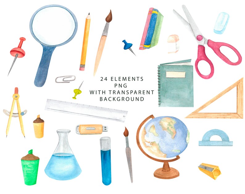 Student Clipart Watercolor School Clipart school supplies clipart Back to School Watercolor clipart