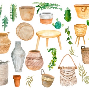 Boho clipart, woondecoratie, kamerplant clipart