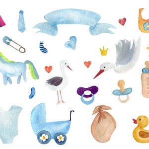 May include: Watercolor illustrations of baby shower items in blue, yellow, and white.  The illustrations include a unicorn, a baby carriage, a baby bottle, a bib, a pacifier, a duck, a stork, a crown, a tie, socks, a pin, a heart, a star, and a banner.