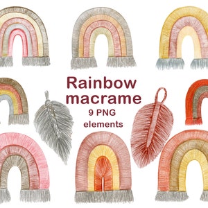 Boho regenboog macrame clipart, moderne illustraties