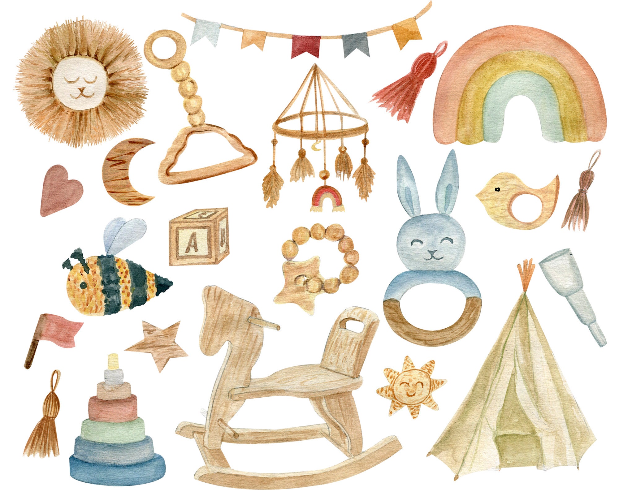 Wood Baby Toys, Boho Baby Shower Clipart - Etsy
