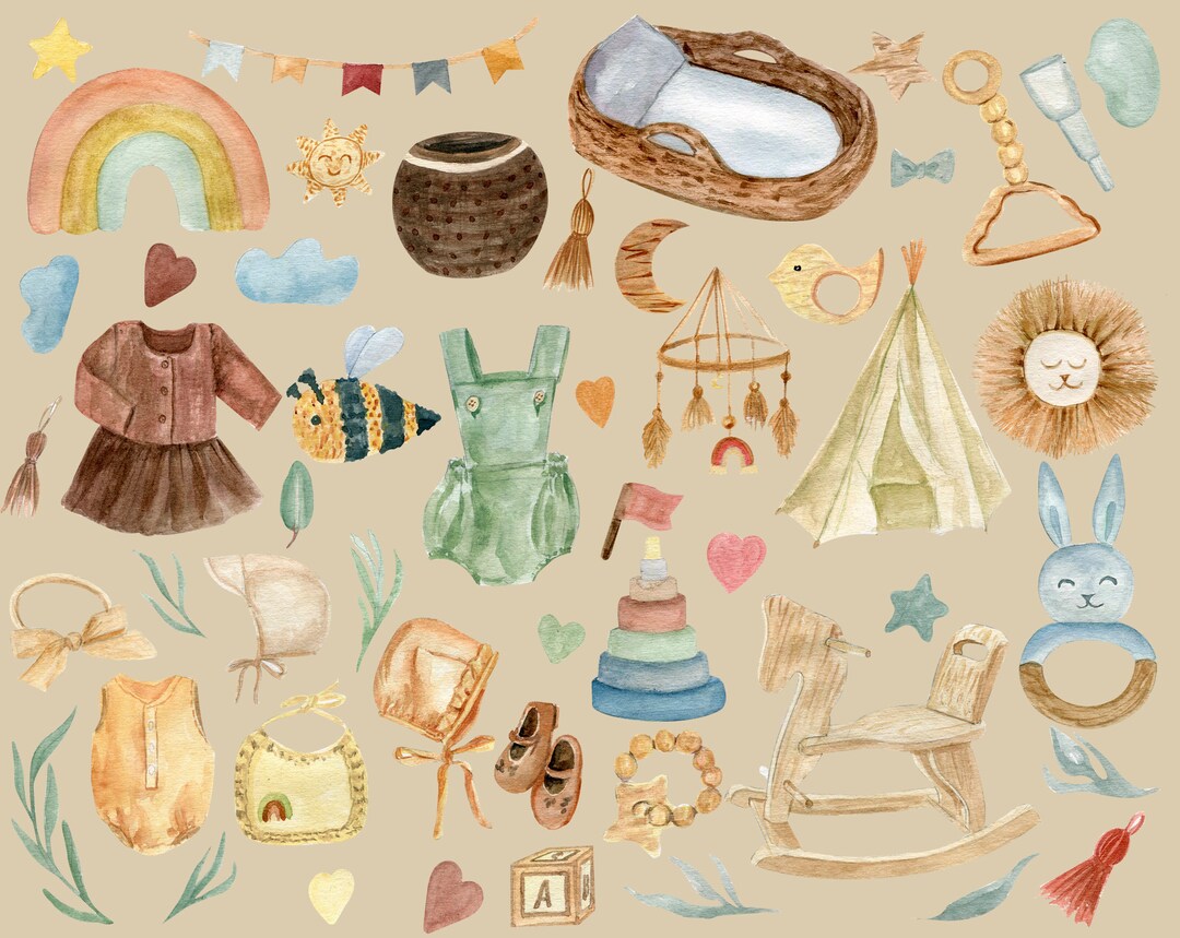 Kids Watercolor Clipart Boho, Boho Baby Shower, Wood Baby Toys - Etsy