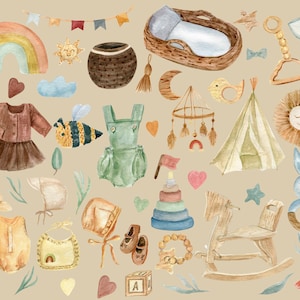 Kinderen aquarel clipart boho, Boho babydouche, houten babyspeelgoed